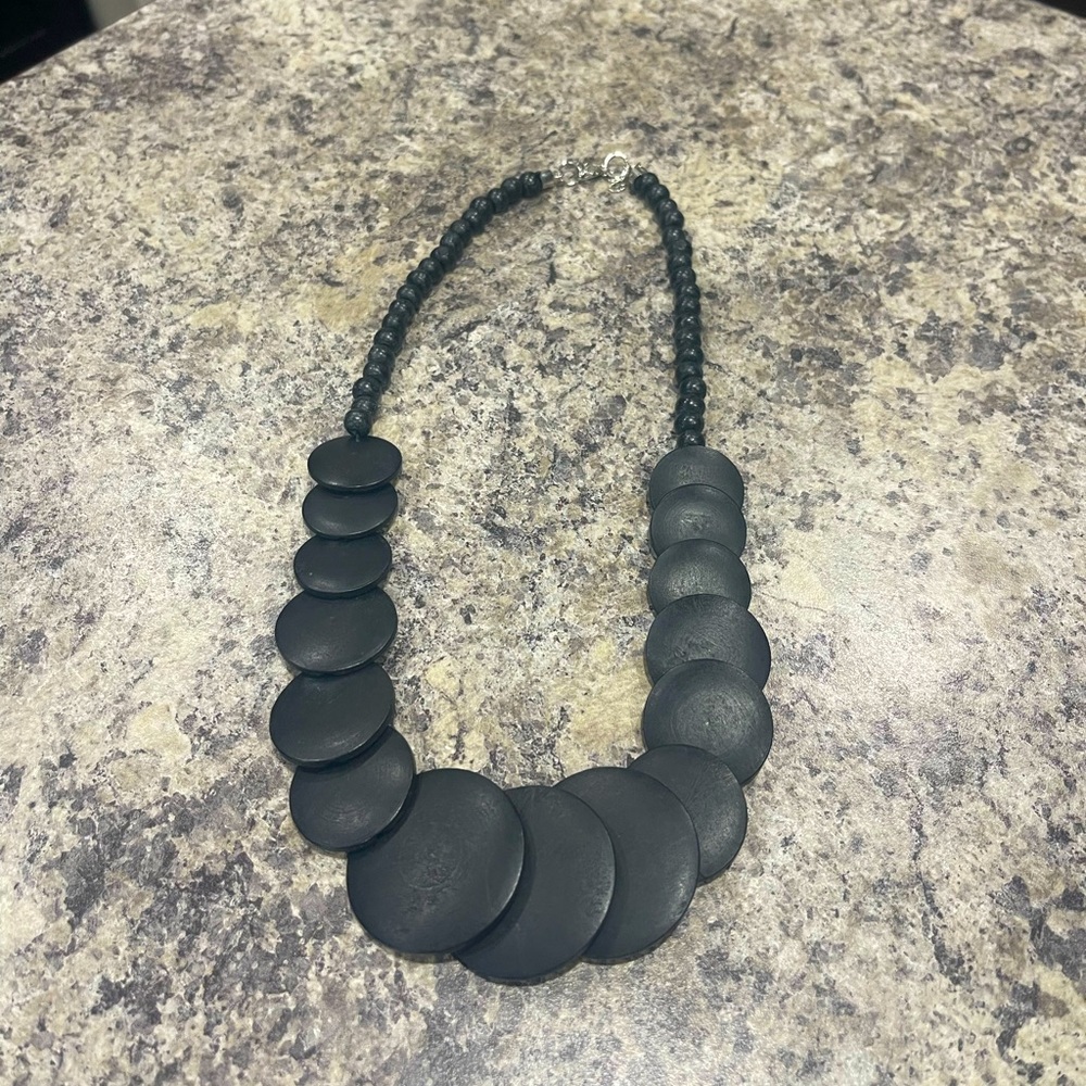 Black Vintage Boho Wood Flat Beaded Statement Necklace